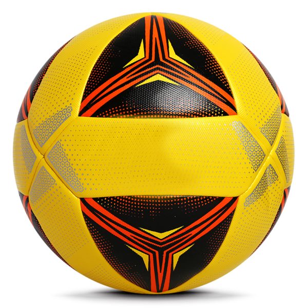 Yellow football with black and orange triangular pattern and high-contrast design