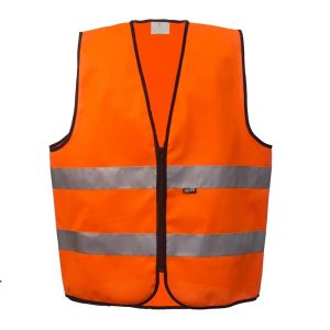 Bright orange construction safety vest with two reflective silver stripes, front view