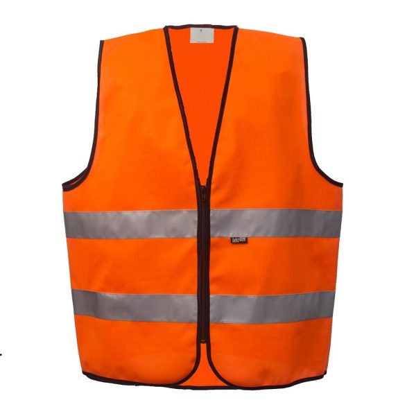 Bright orange construction safety vest with two reflective silver stripes, front view