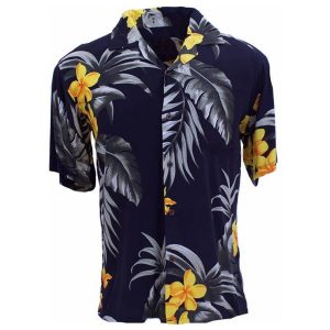 Black tropical shirt featuring gray palm leaves and yellow plumeria floral design