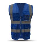 Blue mesh safety vest with reflective stripes and multiple utility pockets, front view
