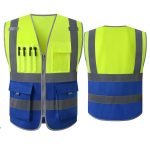 Yellow and blue high-visibility safety vest with reflective stripes, front and back views, featuring utility pockets and pen slots