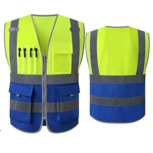 Yellow and blue high-visibility safety vest with reflective stripes, front and back views, featuring utility pockets and pen slots