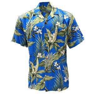 Blue Hawaiian shirt featuring green palm leaf and white flower tropical prin
