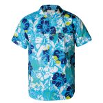 Tropical blue Hawaiian shirt with white hibiscus and navy floral design for men