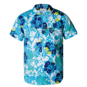 Tropical blue Hawaiian shirt with white hibiscus and navy floral design for men