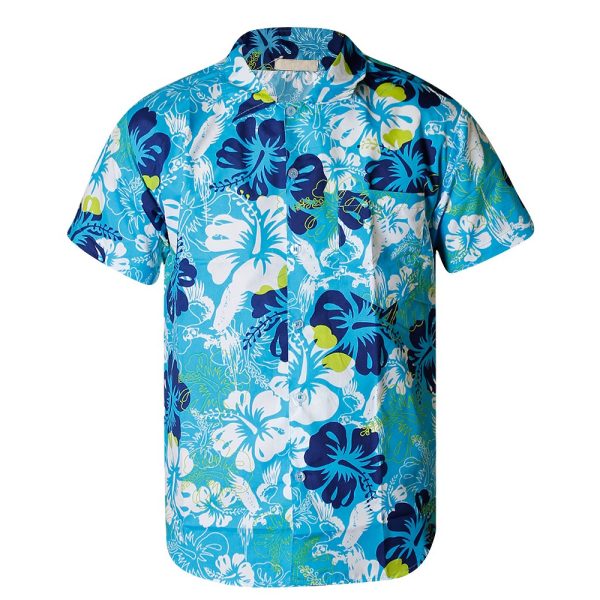 Tropical blue Hawaiian shirt with white hibiscus and navy floral design for men