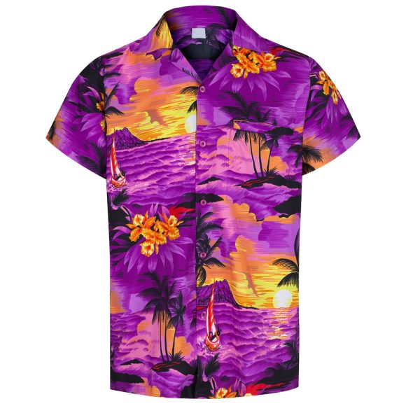 Men’s purple Hawaiian shirt featuring tropical sunset, palm trees, and yellow hibiscus flowers