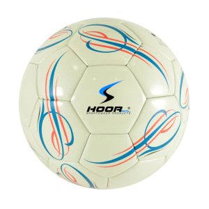 White stitched football with red and blue swirl design by HoorIntl.