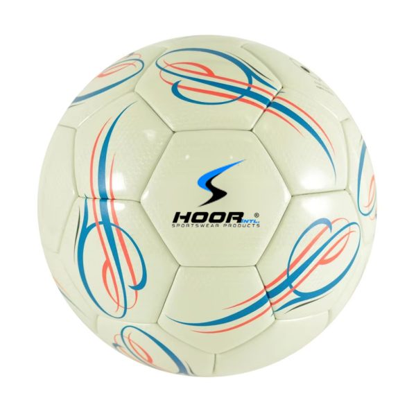White stitched football with red and blue swirl design by HoorIntl.