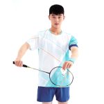 Men's white and blue badminton jersey set with shorts, holding a racket and shuttlecock.