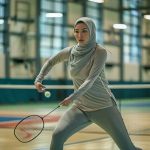 Hijab woman in full coverage grey sportswear playing badminton indoors.