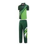 Green cricket uniform set with abstract design shirt and matching trousers
