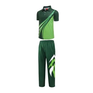 Green cricket uniform set with abstract design shirt and matching trousers