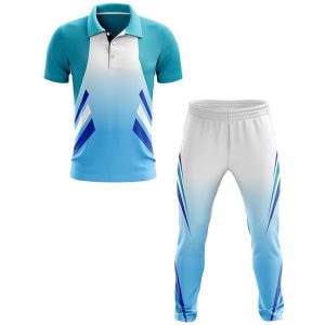 Blue and white gradient cricket uniform set with contrast design shirt and matching trousers