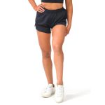 Woman wearing lightweight black loose-fit training shorts with elastic waistband.