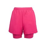 Hot pink women's double-layer training shorts with inner compression lining and elastic waistband.