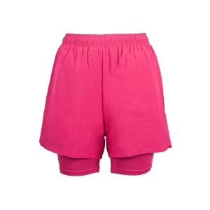 Hot pink women's double-layer training shorts with inner compression lining and elastic waistband.